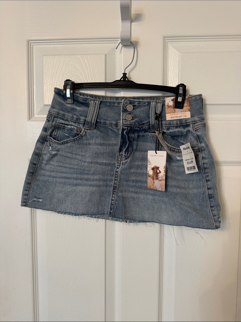 Womens Denim Mini Skirt with Frayed Hem - Blue -